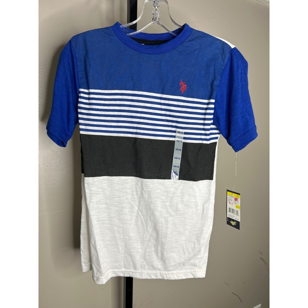 US Polo Assn 10/12 Boys Colorblock Striped Crew‎ Neck T-Shirt Blue White NEW